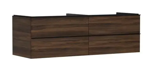 Waschtischunterschrank in dunkler Holzoptik mit vier Schubkästen. Geeignet für den Einsatz mit Konsolen Aufsatzwaschtisch. Hansgrohe-Design.